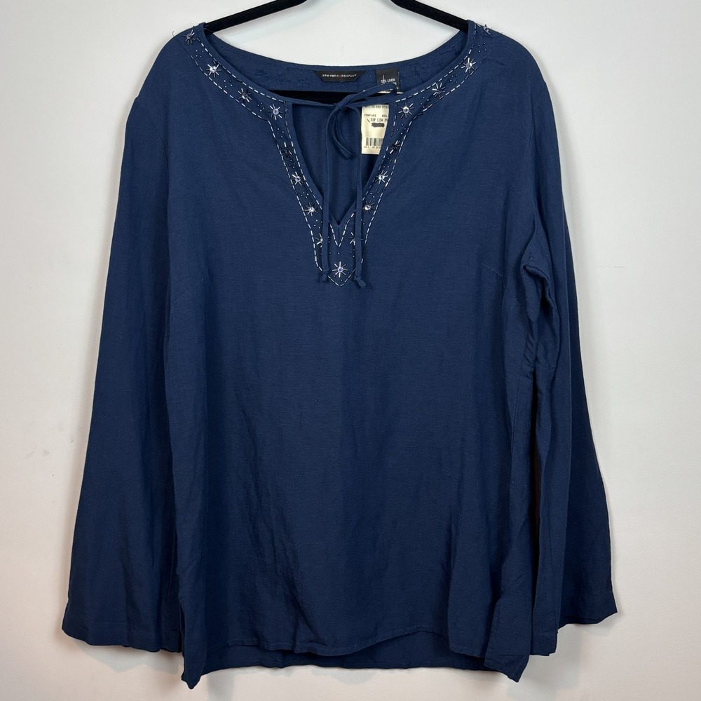 New York & Company Deadstock Y2K Linen Long Sleeve Beaded Boho Blouse Womens LG
